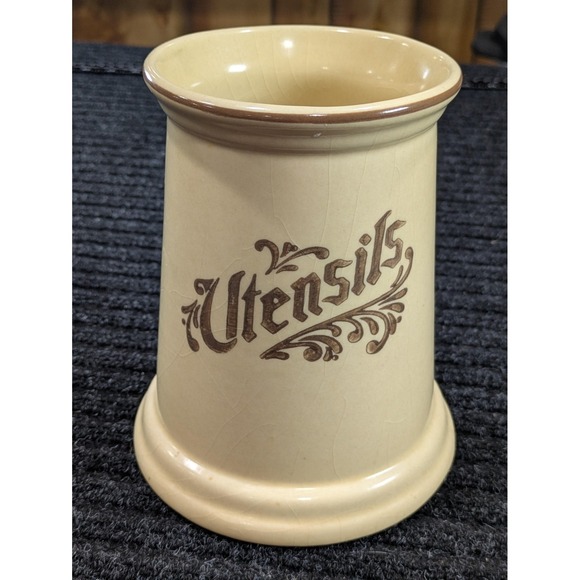 Stoneware Utensil Holder Crock Tan Brown Script Pottery Kitchen Farmhouse Decor - Picture 1 of 7